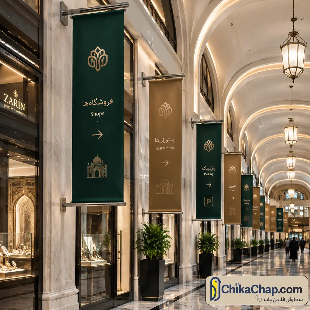 چاپ بنر دو رو پرچمی ستونی برای راهنمای طبقات و تبلیغات پاساژ